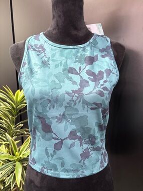 Balance Collection Athletic crop stretch tank,round neck,aqua watercolor garden